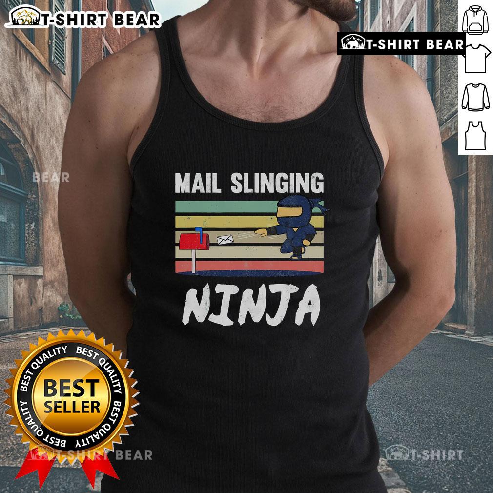 Funny mail-slinging ninja mailman in a retro tank top delivering mail with style and humor.