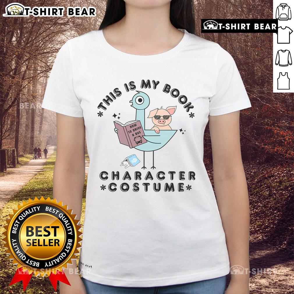 Funny pigeon reading ladies tee costume, showcasing a quirky book character theme for Halloween or cosplay events.