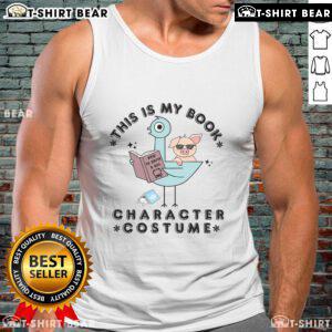 Funny 'This Is My Book Character' costume with a pigeon reading on a tank top, perfect for literary-themed events.