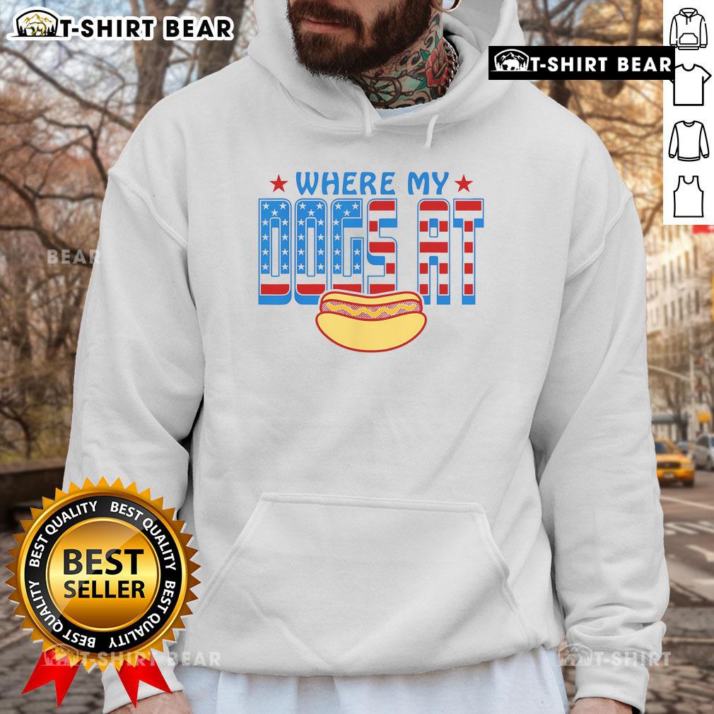 Funny hoodie featuring 'Where My Dogs At' hot dog lover humor, perfect for dog and food enthusiasts.