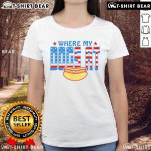Funny 'Where My Dogs At' hot dog lover humor ladies tee featuring playful dog graphics and vibrant colors.