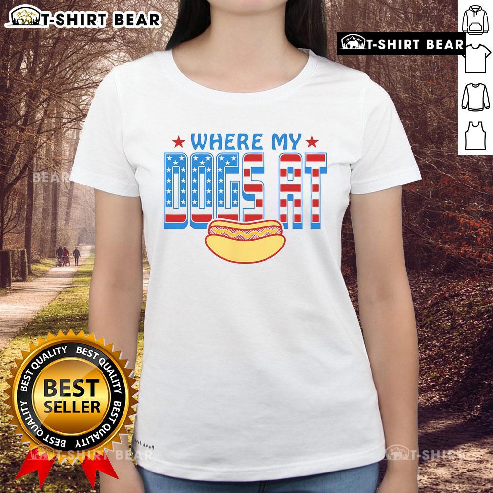 Funny 'Where My Dogs At' hot dog lover humor ladies tee featuring playful dog graphics and vibrant colors.