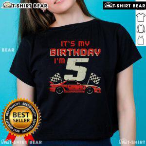5th birthday race car tee for girls, celebrating turning 5 with a fun design and vibrant colors for a special birthday.