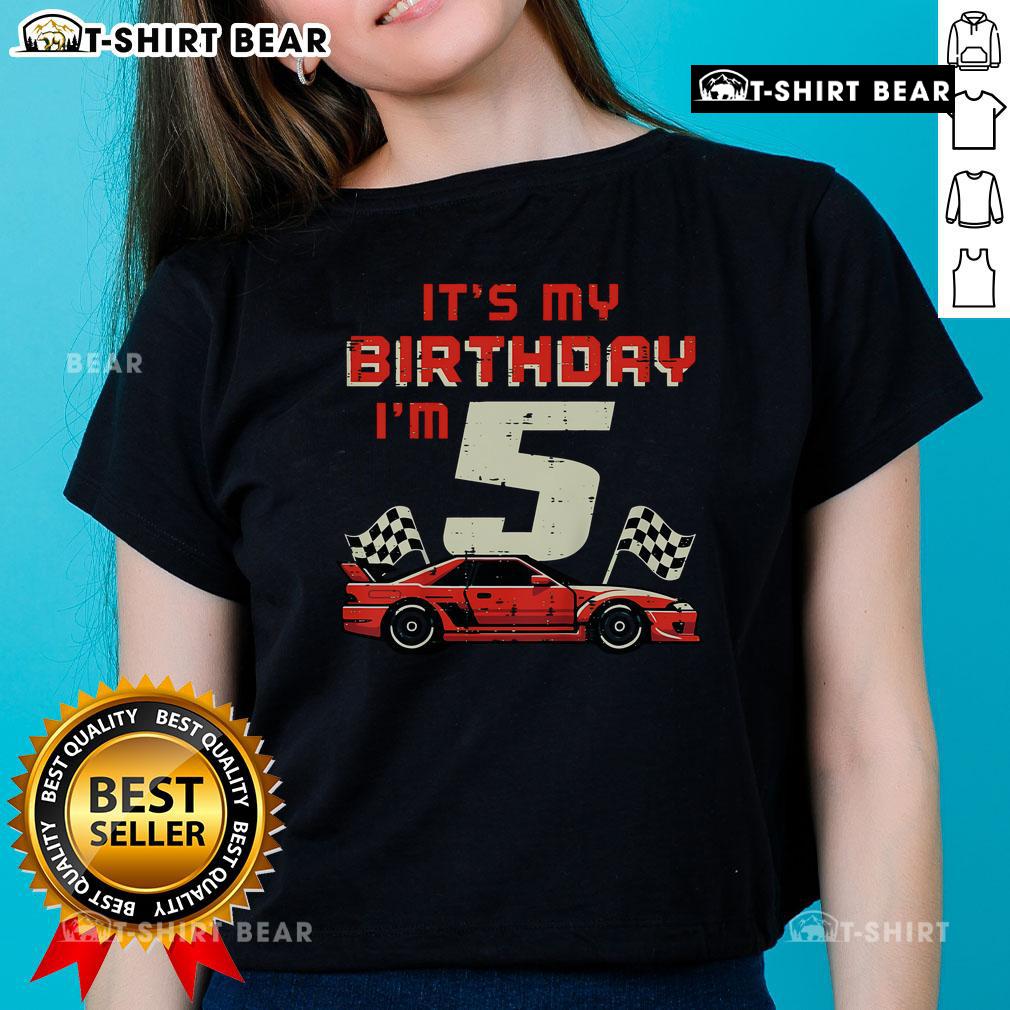 5th birthday race car tee for girls, celebrating turning 5 with a fun design and vibrant colors for a special birthday.