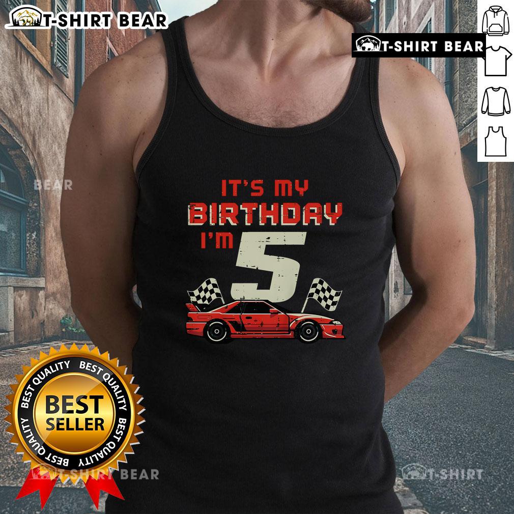 5th birthday tank top with race car design, celebrating a fun birthday for a five-year-old.
