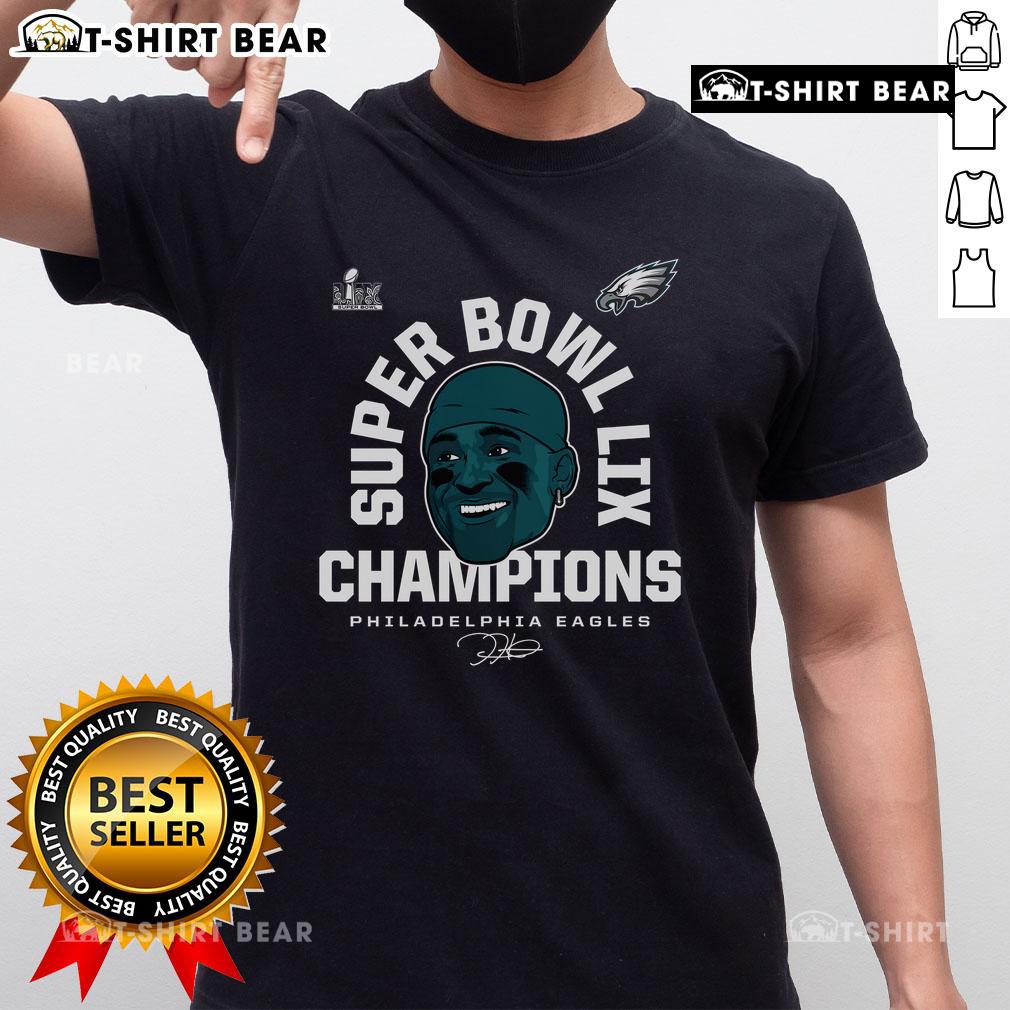 Alt Text: Jalen Hurts Philadelphia Eagles Super Bowl Champions T-Shirt featuring vibrant graphics and team colors.