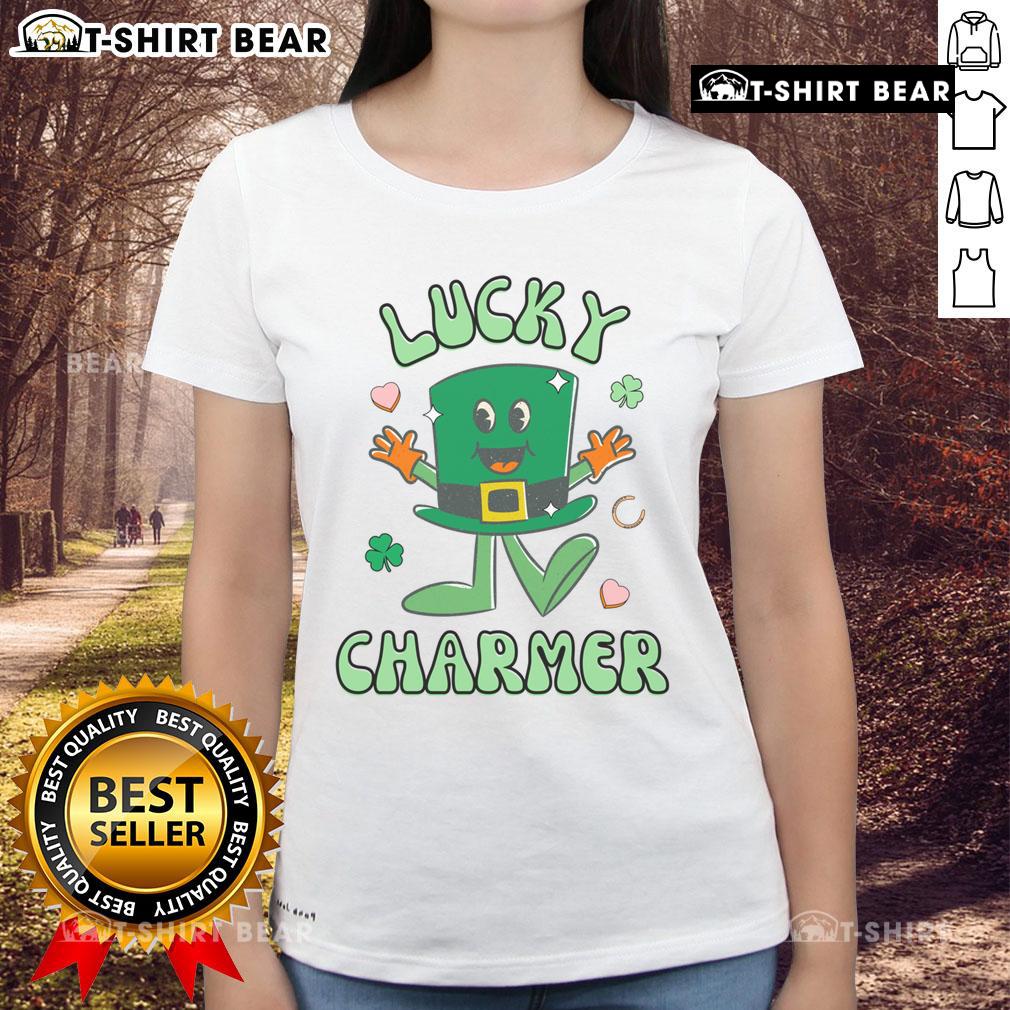 Women's retro Saint Patrick's Day tee featuring a lucky charmer Irish hat design, perfect for festive celebrations.