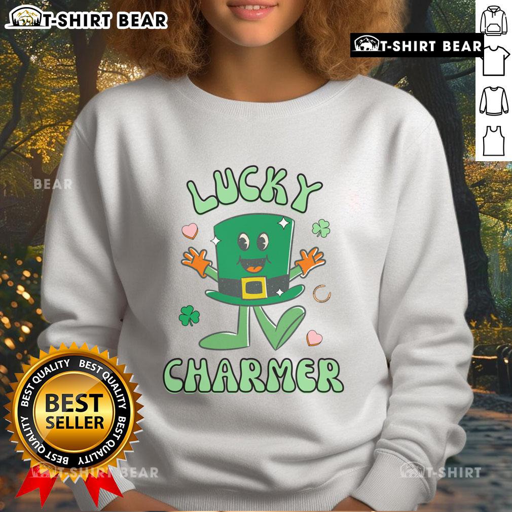 Alt Text: Retro Saint Patrick's Day sweatshirt featuring a lucky charmer Irish hat design, perfect for festive celebrations.