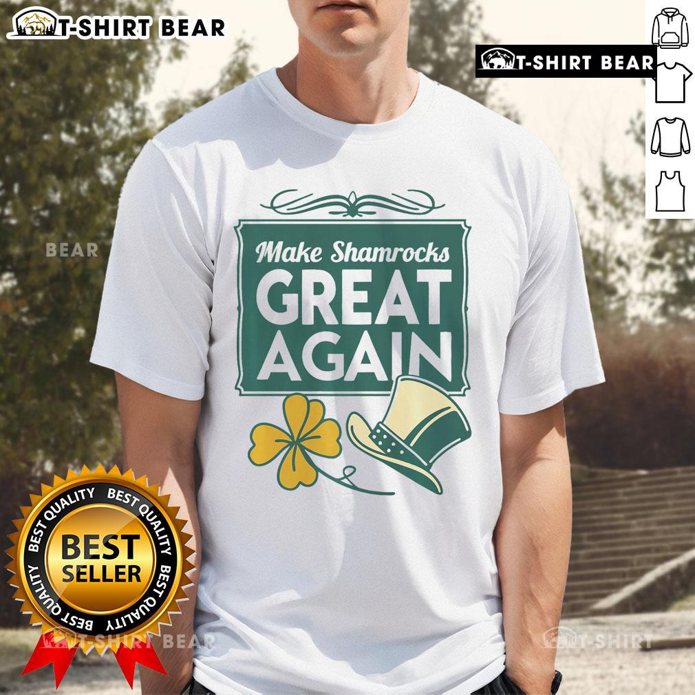 Alt Text: Patriotic Irish T-shirt featuring a shamrock design with the slogan 'Make Shamrocks Great Again' in vibrant colors.