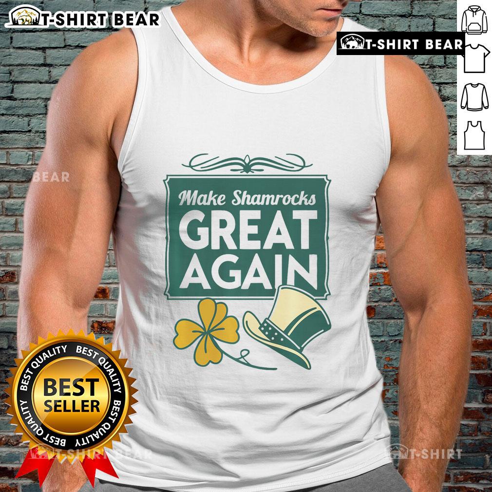 Patriotic Irish tank top featuring 'Make Shamrocks Great Again' slogan with vibrant shamrock graphics.