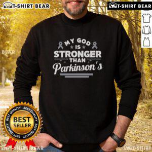 Official My God Is Stronger Than Parkinson's Disease faith ribbon sweatshirt in vibrant colors, perfect for spreading awareness.