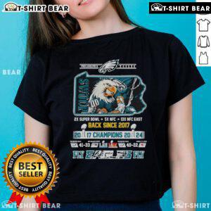 Official Philadelphia Eagles ladies tee celebrating 2024 Super Bowl Champions since 2017, perfect for fans. Fly Eagles Fly!