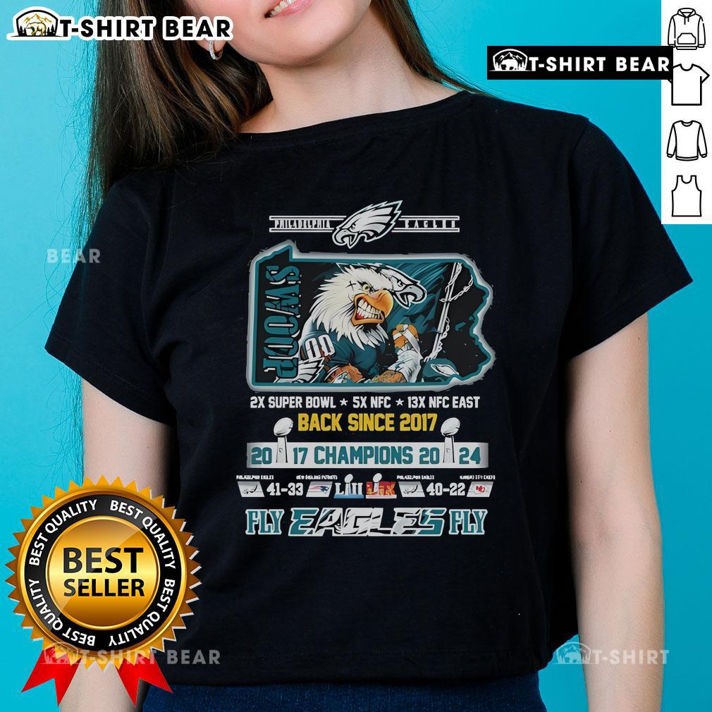 Official Philadelphia Eagles ladies tee celebrating 2024 Super Bowl Champions since 2017, perfect for fans. Fly Eagles Fly!