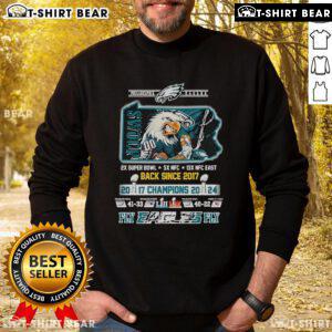 Official Philadelphia Eagles sweatshirt celebrating 2024 Super Bowl Champions and Fly Eagles Fly since 2017.