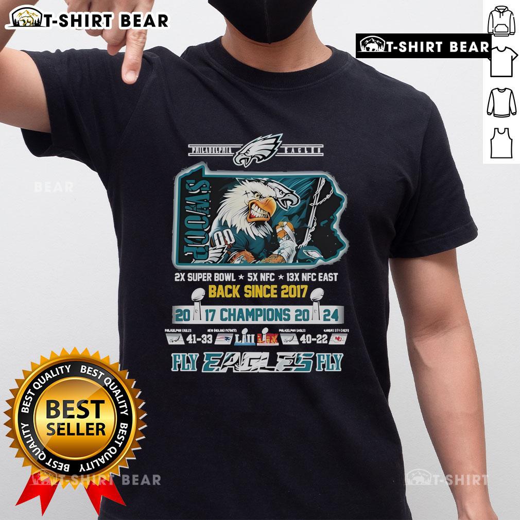 Alt Text: Official Philadelphia Eagles Super Bowl Champions 2024 Fly Eagles Fly T-Shirt celebrating the team's victory since 2017.