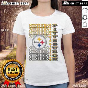 Alt Text: Official Pittsburgh Steelers gradient wordmark ladies tee showcasing team colors and stylish design for female fans.