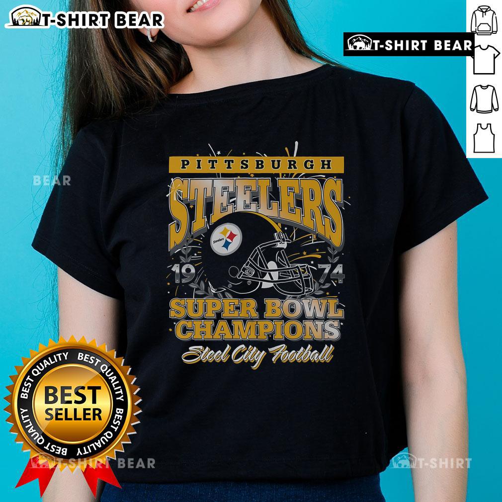 Official Pittsburgh Steelers Super Bowl IX Champions ladies tee featuring team logo and championship graphics.