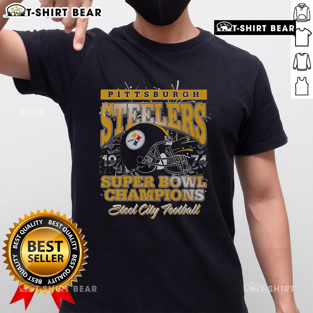 Alt Text: Official Pittsburgh Steelers Super Bowl IX Champions T-Shirt featuring iconic team logo and championship graphics.