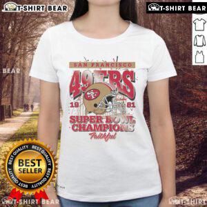 Official San Francisco 49ers Super Bowl XVI Champions ladies tee in red, featuring team logo and victory graphics.