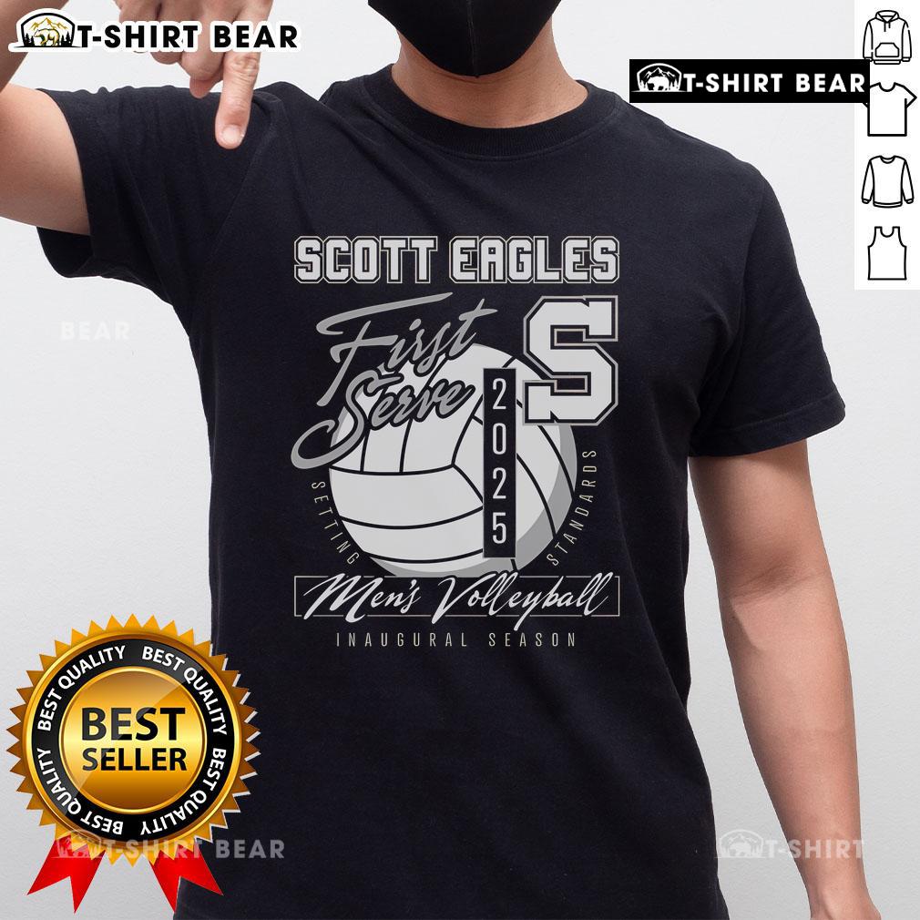 Official Scott Men's Volleyball First Serve 2025 T-Shirt featuring a bold design, perfect for players and fans alike.