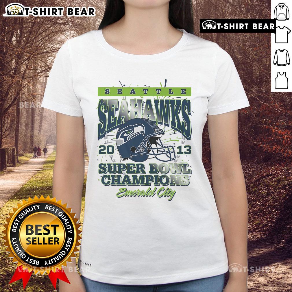 Official Seattle Seahawks Super Bowl XLVIII Champions Ladies Tee featuring team colors and logo for female fans.