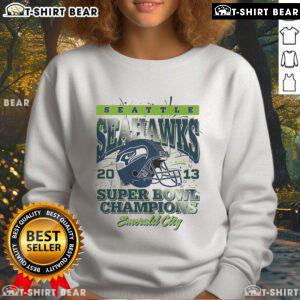 Official Seattle Seahawks Super Bowl XLVIII Champions sweatshirt showcasing team logo and championship design.