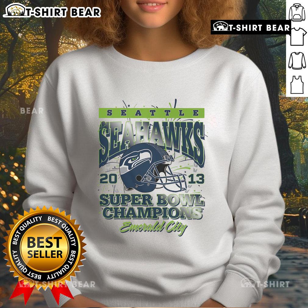 Official Seattle Seahawks Super Bowl XLVIII Champions sweatshirt showcasing team logo and championship design.