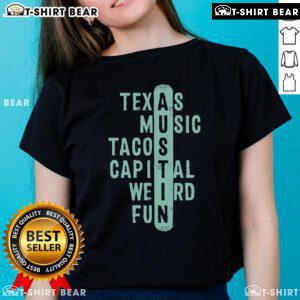 Official Texas Music Tacos Capital Weird Fun Austin crossword ladies tee featuring a playful design and vibrant colors.
