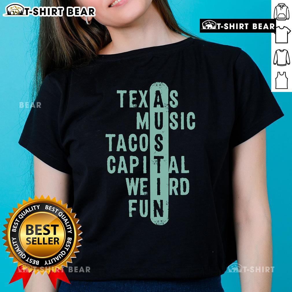Official Texas Music Tacos Capital Weird Fun Austin crossword ladies tee featuring a playful design and vibrant colors.