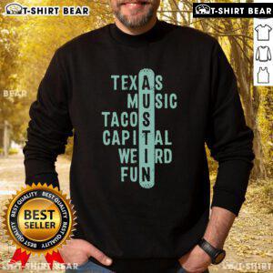 Cozy Official Texas Music Tacos Capital sweatshirt featuring a fun crossword design, perfect for Austin enthusiasts.
