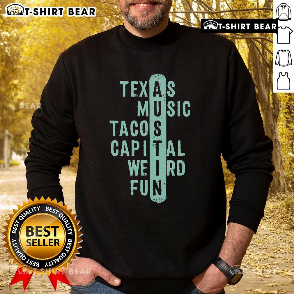 Cozy Official Texas Music Tacos Capital sweatshirt featuring a fun crossword design, perfect for Austin enthusiasts.