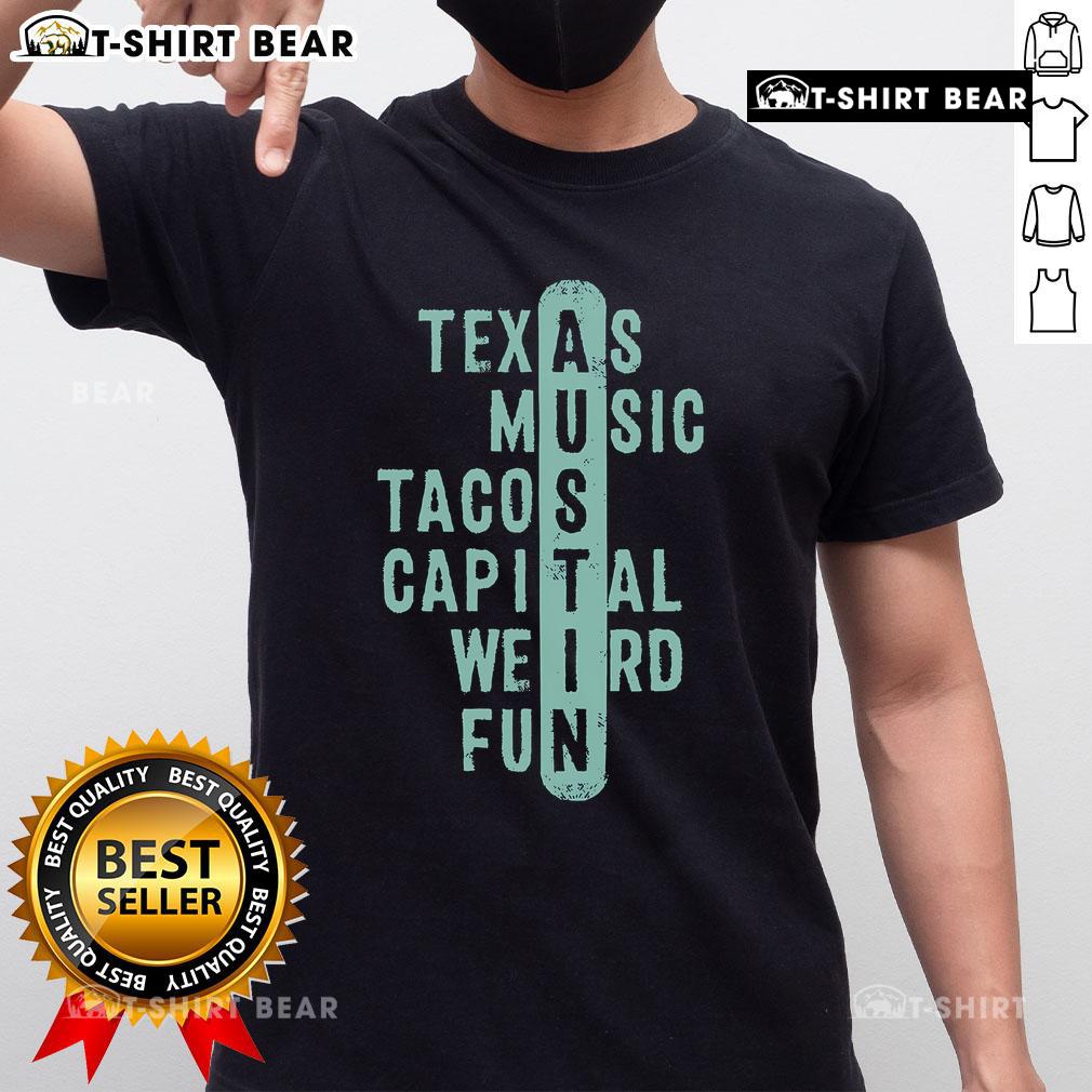 Alt Text: Official Texas Music Tacos Capital Weird Fun Austin Crossword T-Shirt featuring colorful designs and playful text.