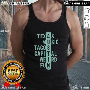 Official Texas Music Tacos Capital Weird Fun Austin crossword tank top featuring vibrant design and playful text.