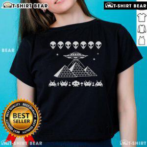 Official UFO Pyramid Space Invader Ladies Tee featuring a vibrant alien design on a stylish women's shirt.