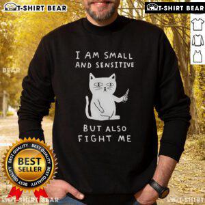 Pretty I Am Small And Sensitive But Also Fight Me Cat Sweatshirt featuring a cute cat graphic and playful text design.