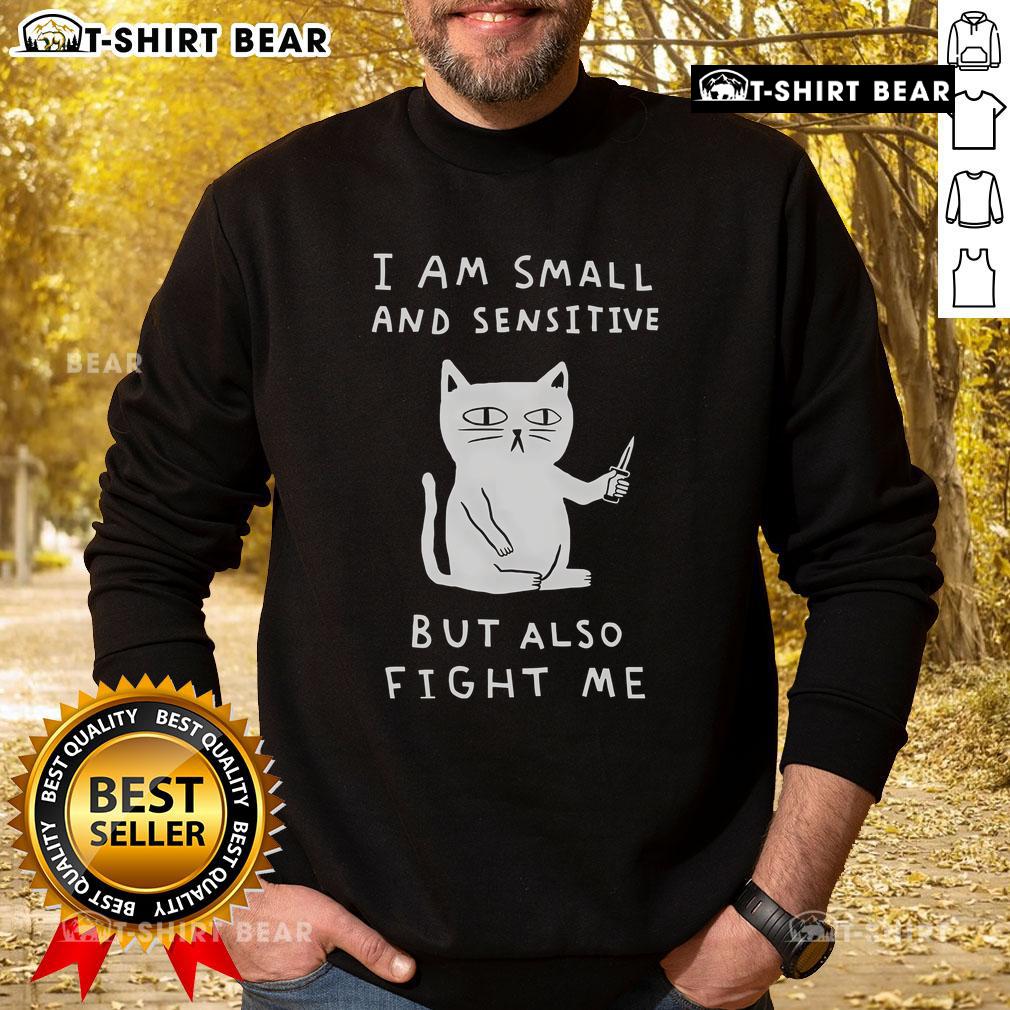 Pretty I Am Small And Sensitive But Also Fight Me Cat Sweatshirt featuring a cute cat graphic and playful text design.
