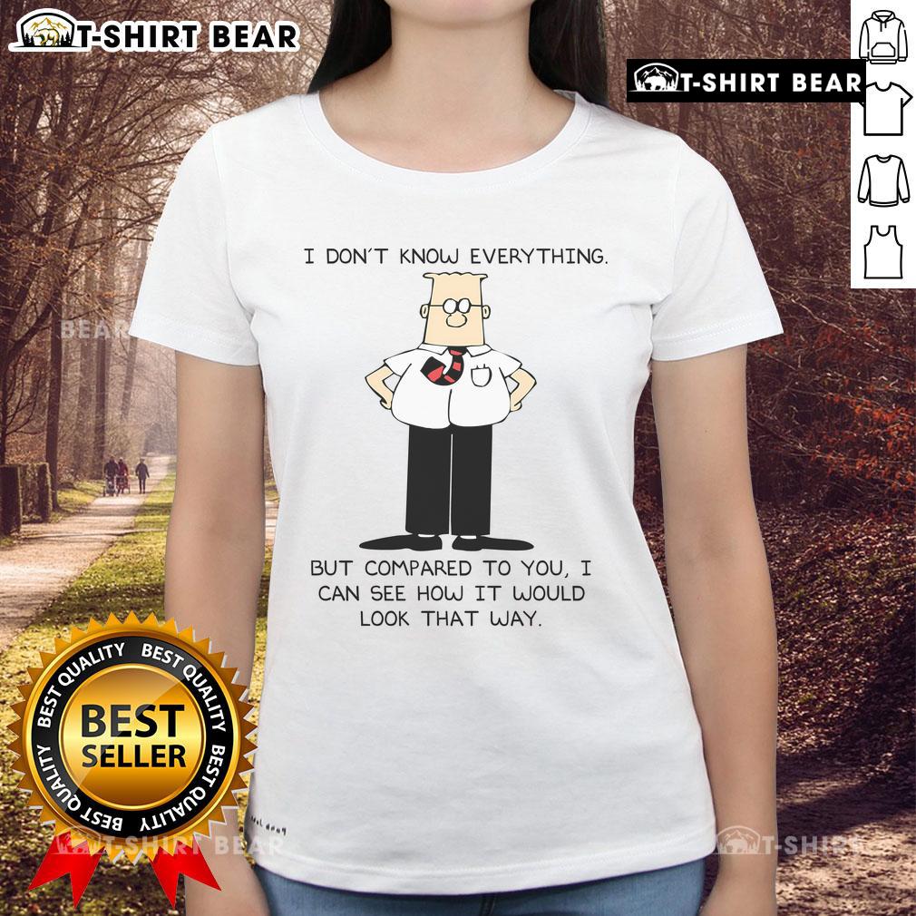 Alt Text: Funny Dilbert tee featuring a humorous quote about perception and knowledge, perfect for fans of witty graphic tees.