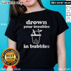 Top Down Your Troubles In Bubbles Tea Boba Tea ladies tee featuring colorful boba tea graphic on a stylish shirt.