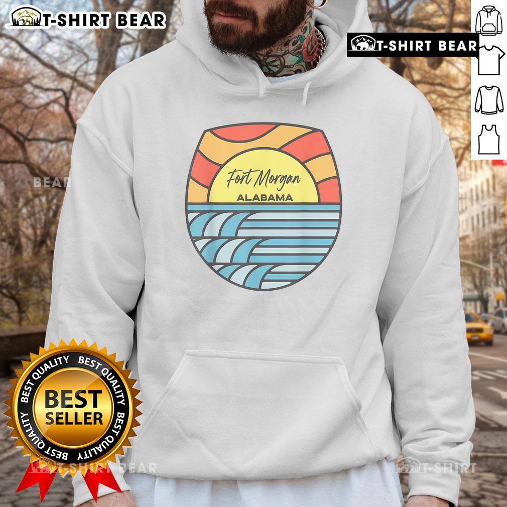 Sunset over the Gulf of Mexico with Fort Morgan, Alabama, featured on a cozy souvenir hoodie design.