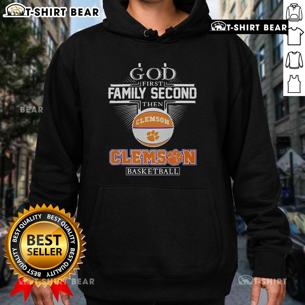 Top God First Family Second hoodie featuring Clemson Tigers basketball design, perfect for fans and stylish comfort.