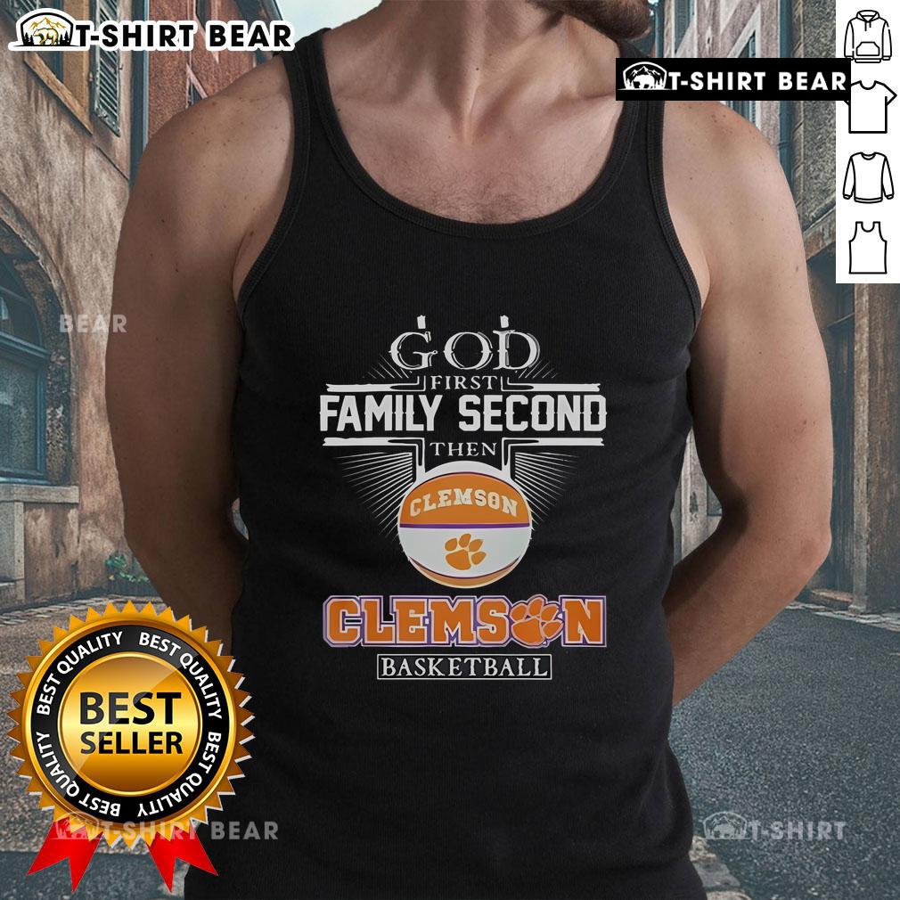 Top God First Family Second Then Clemson Tigers Basketball Tank Top design featuring vibrant team colors and graphics.