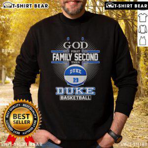 Top God First Family Second sweatshirt featuring Duke Blue Devils basketball design, perfect for fans and casual wear.