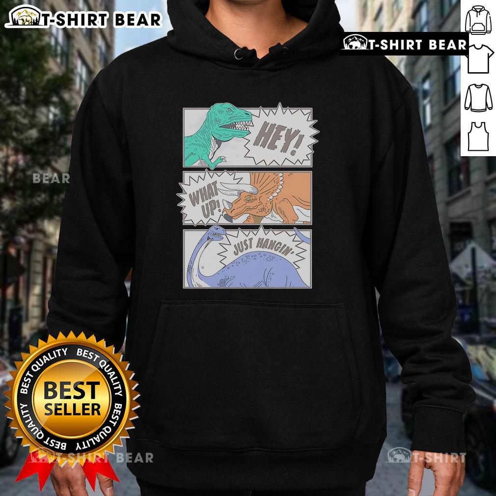 Alt Text: Top Hey What Up Just Hangin Dinosaur Friends Club Hoodie featuring playful dinosaur graphics and vibrant colors.