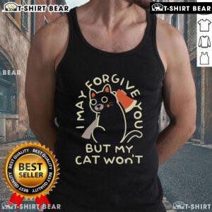 Top I May Forgive You But My Cat Won't tank top featuring a humorous cat graphic, perfect for cat lovers and casual wear.