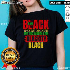Stylish ladies tee celebrating Black History Month with 'Top Im Black Every Month' design, highlighting melanin pride.