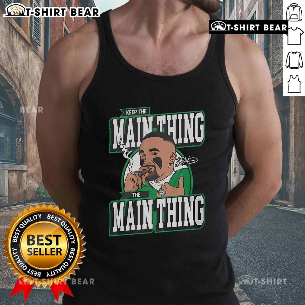 Jalen Hurts 'Keep The Main Thing The Main Thing' tank top in vibrant colors, perfect for fans and athletes.