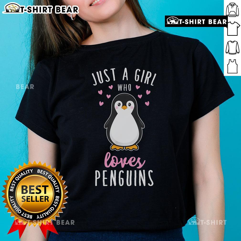 Top Just A Girl Who Loves Penguins Ladies Tee featuring a cute penguin graphic, perfect for animal lovers and casual wear.