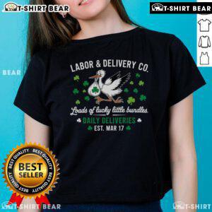 Top Labor and Delivery St. Patrick's Day Ladies Tee featuring festive green design for expecting mothers.