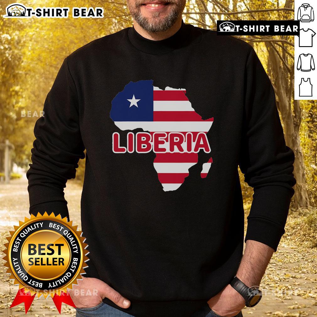 Top Liberia sweatshirt featuring the Liberian pride flag on a map of Africa, perfect for celebrating Liberian heritage.