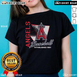 Top Los Angeles Angels side-arm baseball ladies tee established 1961, featuring vibrant team graphics and a stylish fit.
